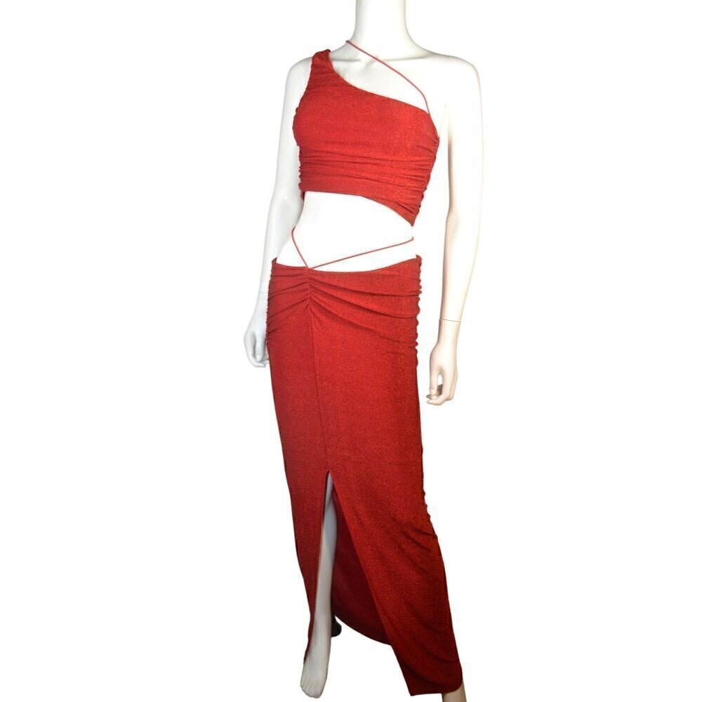 Tiger Mist Red One-Shoulder Cut-Out Maxi Dress - Strappy Ruched Design-LT3042